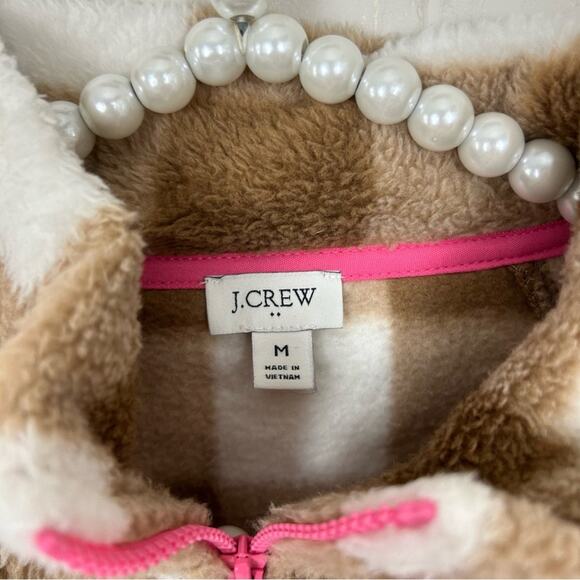 J.Crew Tan & White Check Plaid Fleece Zip Up Jacket Size M - Picture 6 of 12